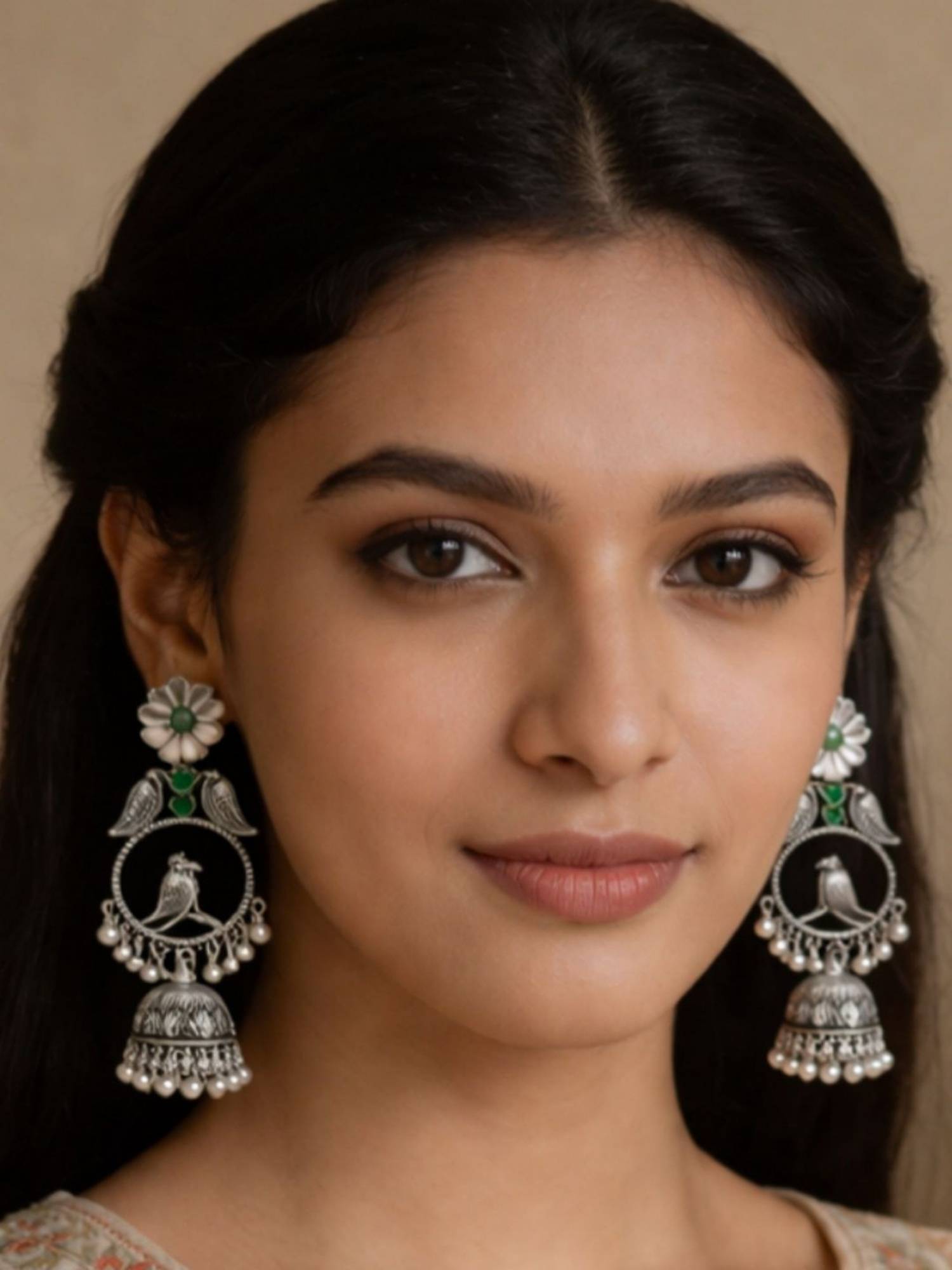 I Jewels Oxidized Bird Motif Jhumka Green Earrings