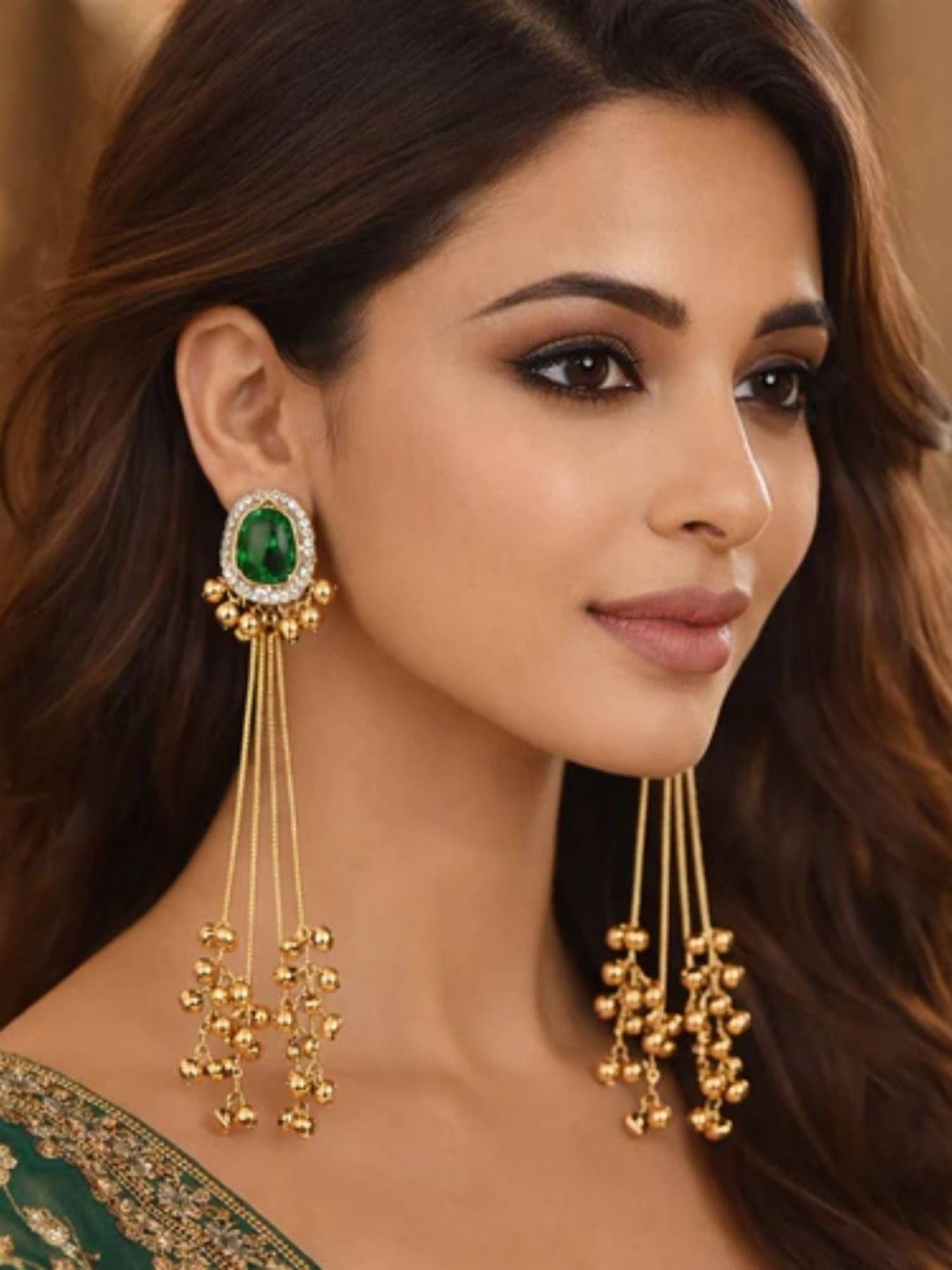 I Jewels Traditional Kashmiri Ghungroo Green Drop Earrings for Women