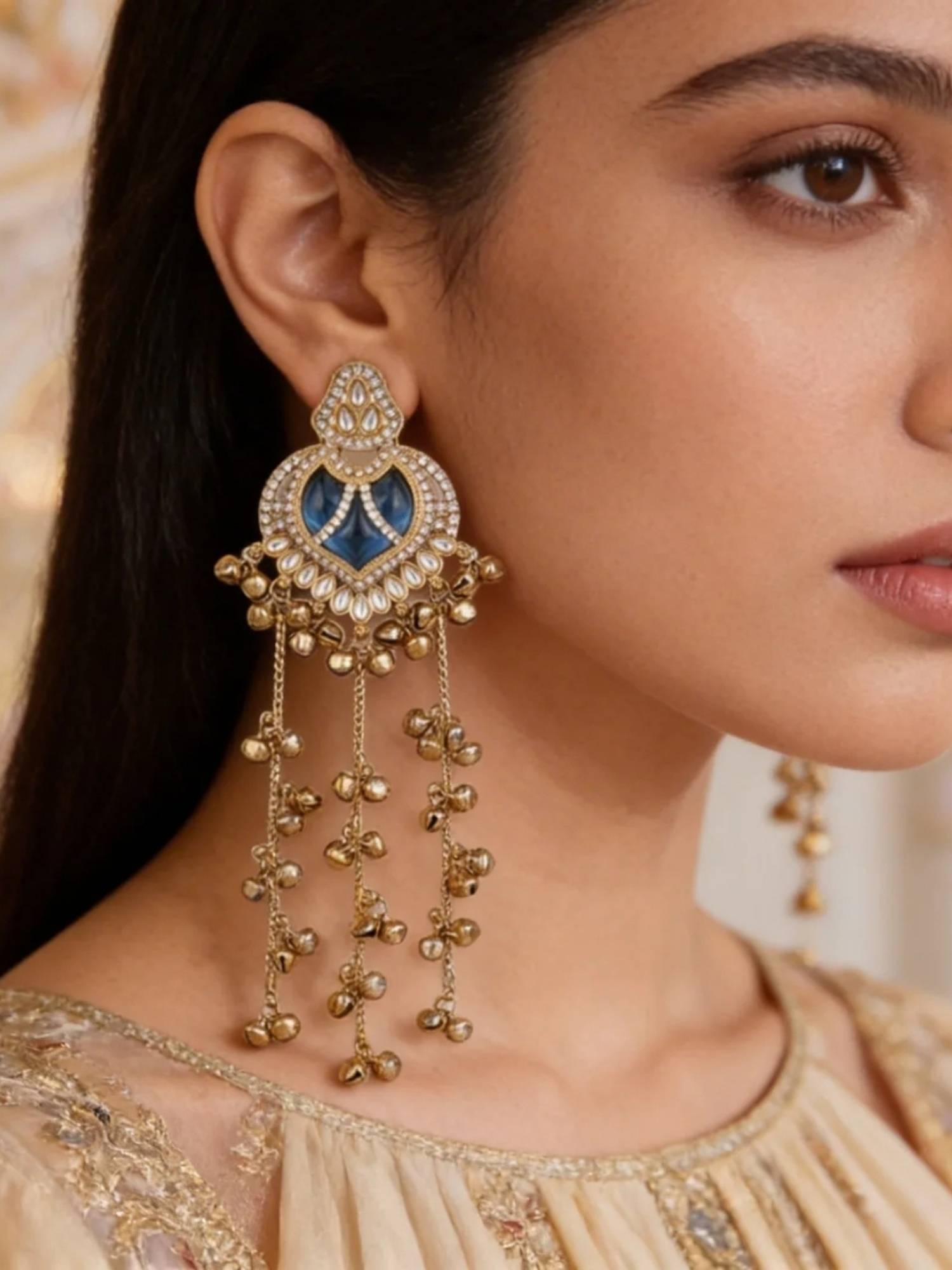 I Jewels Traditional Kashmiri Kundan Long Ghungroo Drop Blue Earrings for Women