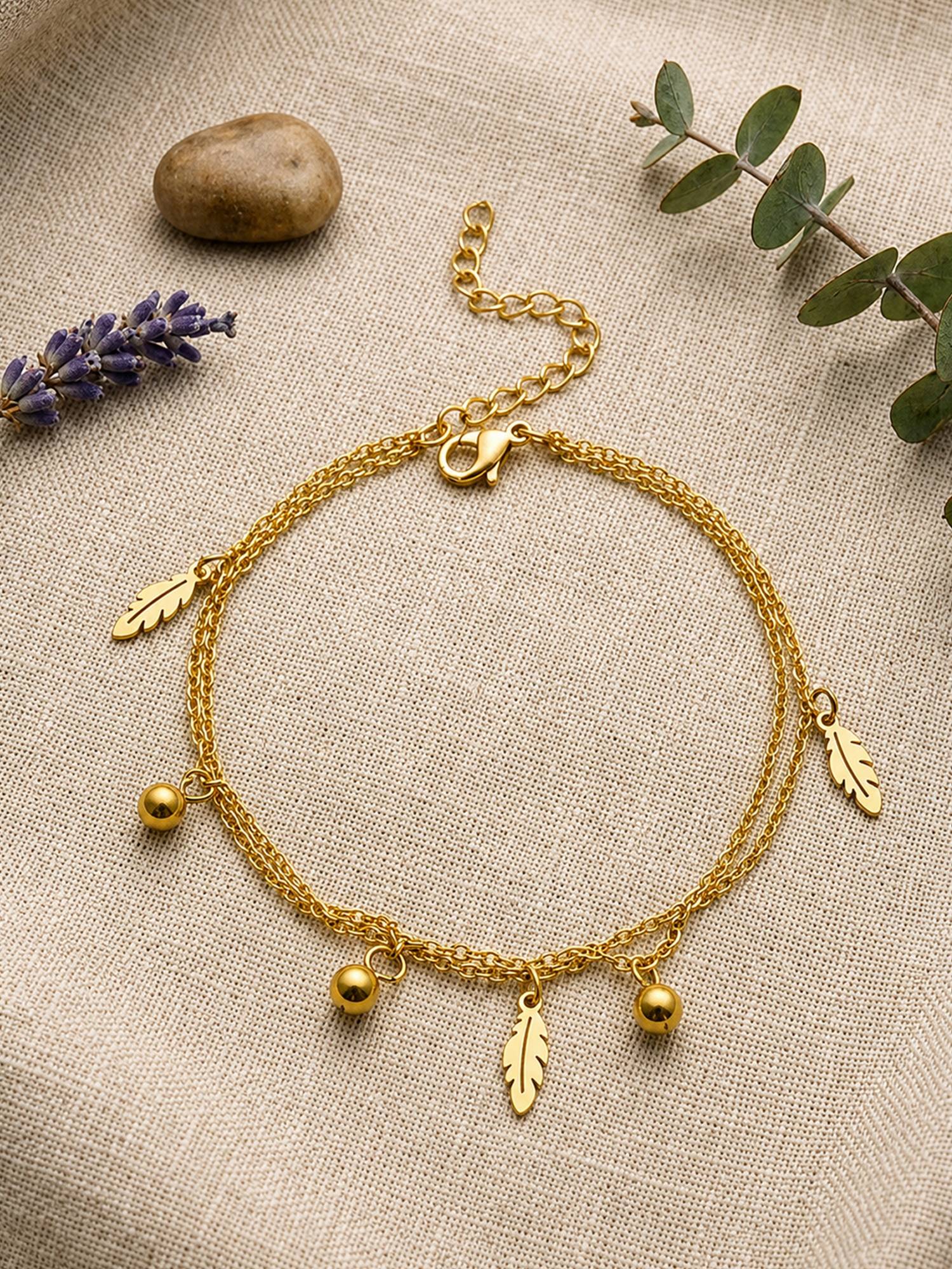 ARTKLIM Feather and Bell Layered Charm Gold Anti-Tarnish Adjustable Anklet