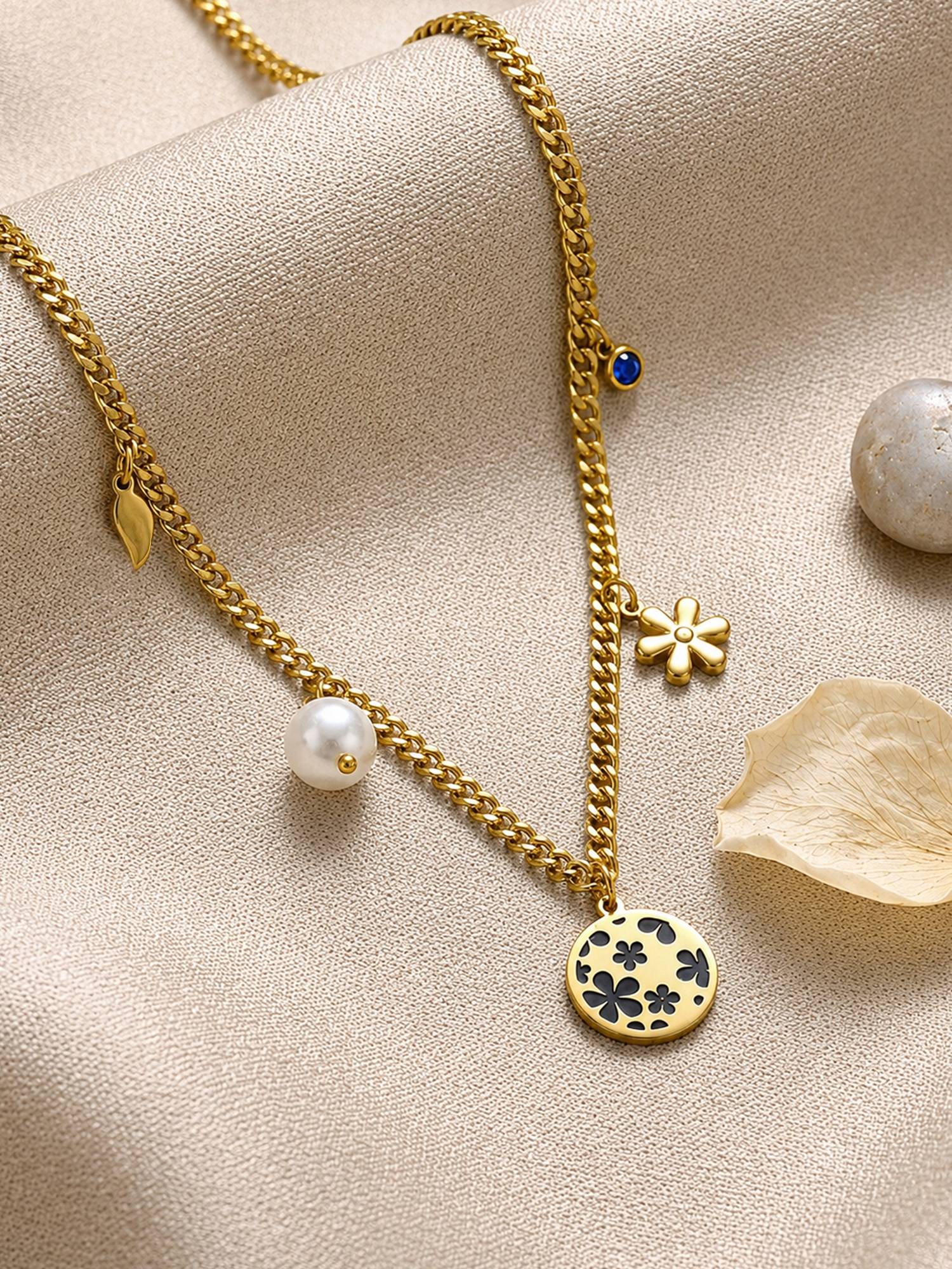 ARTKLIM Floral Pearl Charm Gold Anti-Tarnish Necklace