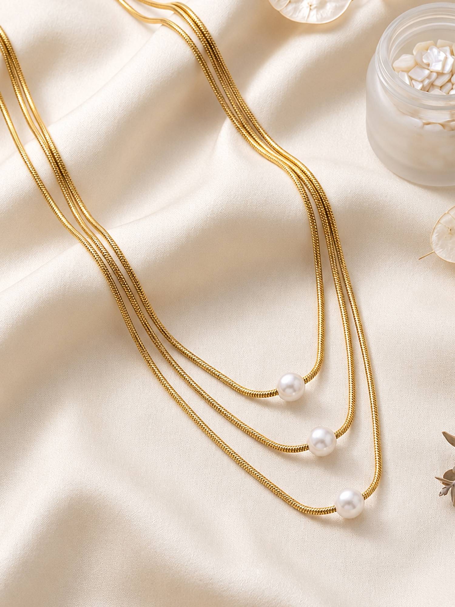 ARTKLIM Triple Pearl Snake Chain Gold Anti-Tarnish Necklace