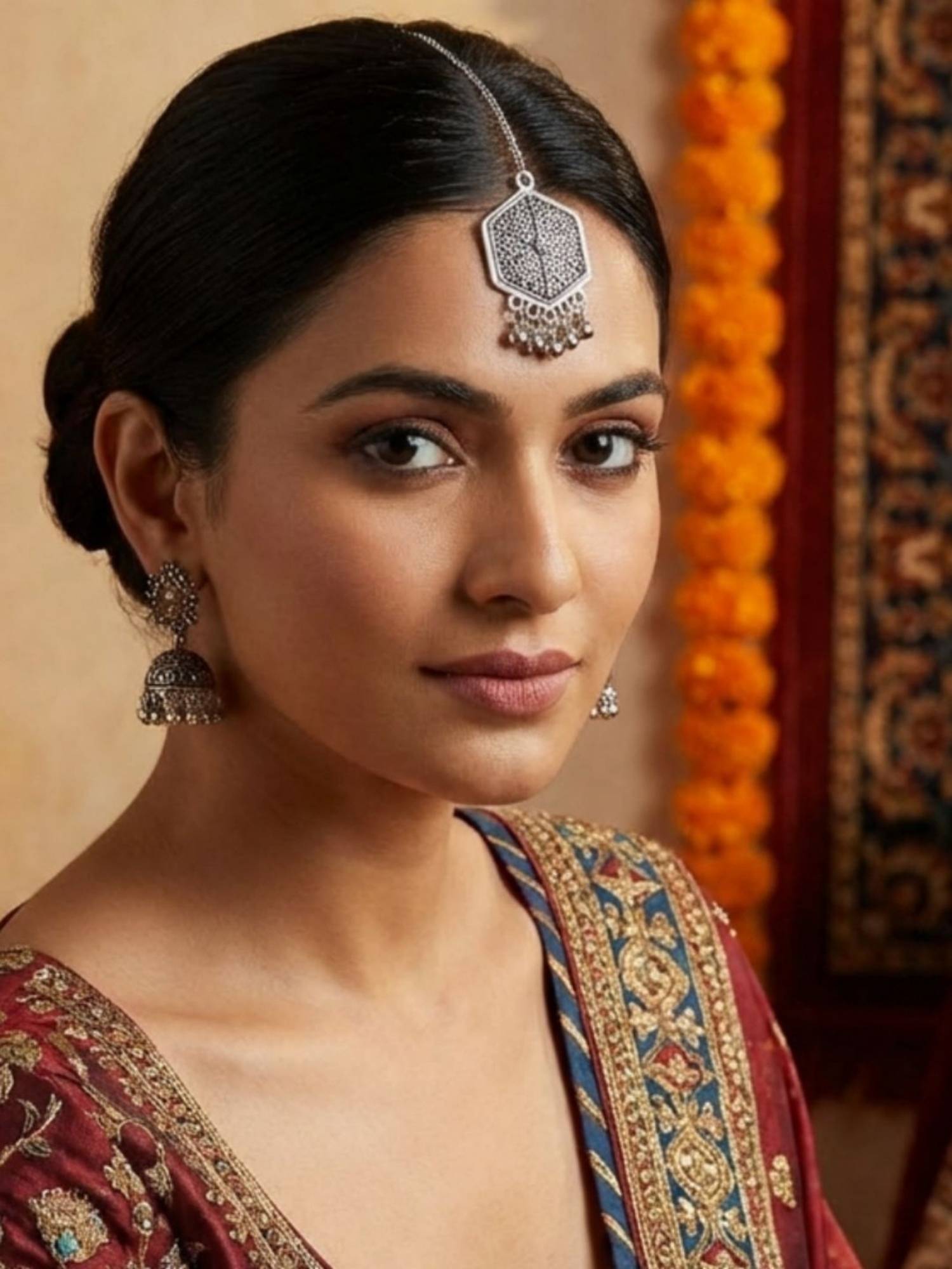 I Jewels Oxidized Hexagon Maang Tikka with Ghungroo Drops