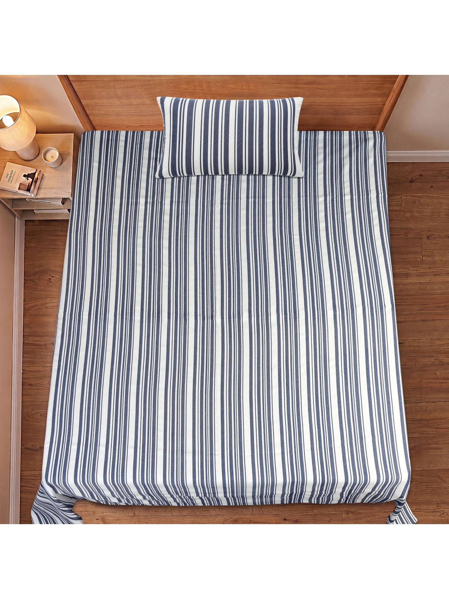Saral Home Navy Blue La-Strie Cotton Microfiber Single Bedsheet with Pillow Cover