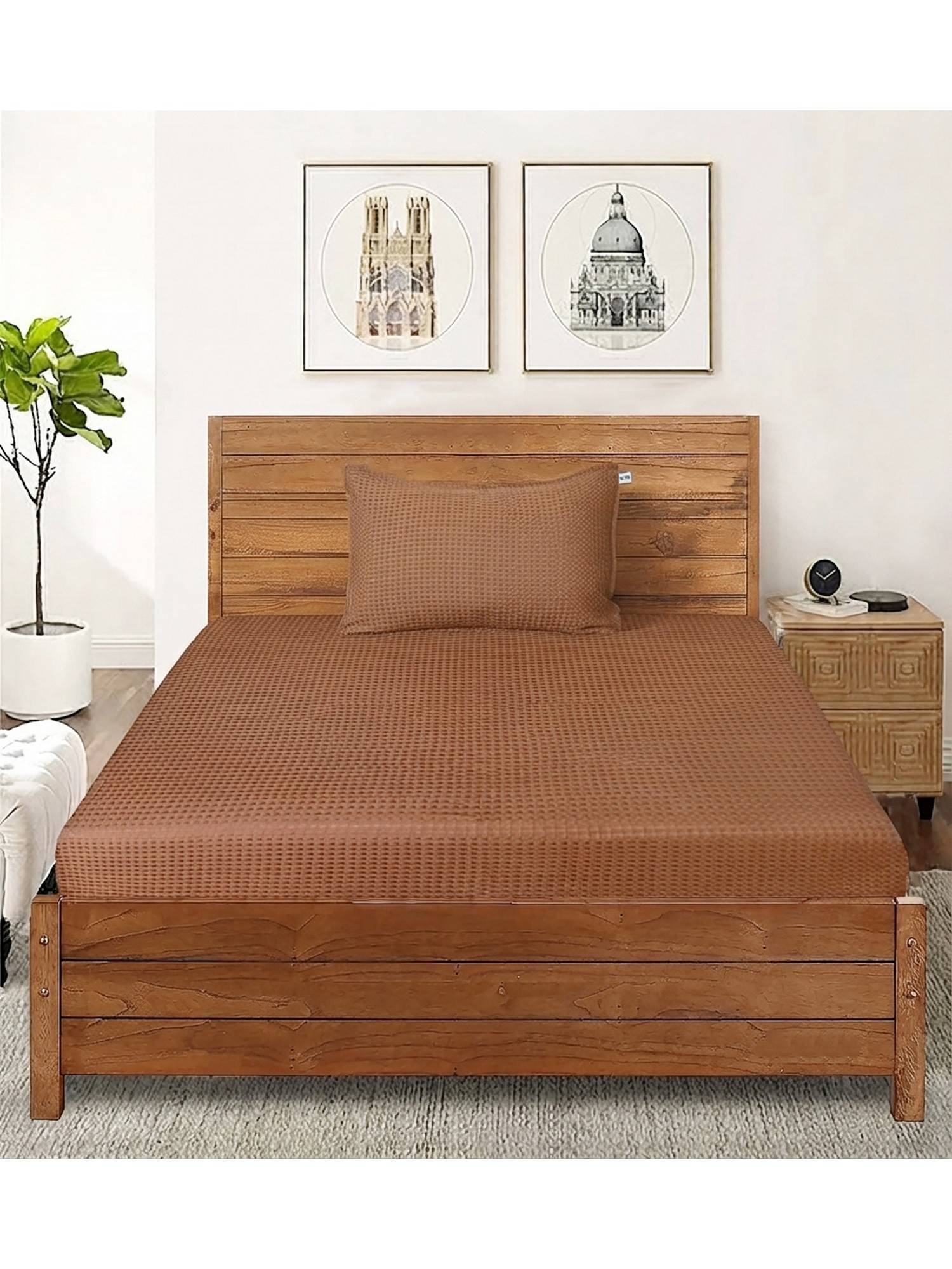 Saral Home Brown Waffle Cotton Single Bedsheet and Pillow Cover