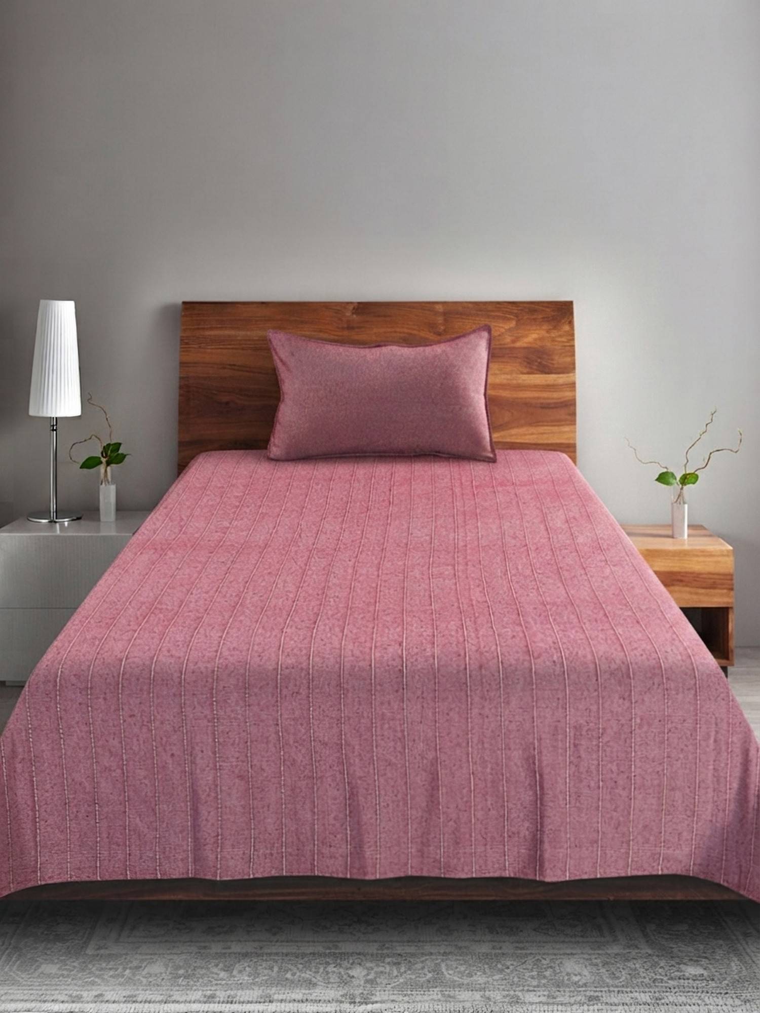 Saral Home Maroon Striped Cotton Single Bedsheet and Pillow Cover
