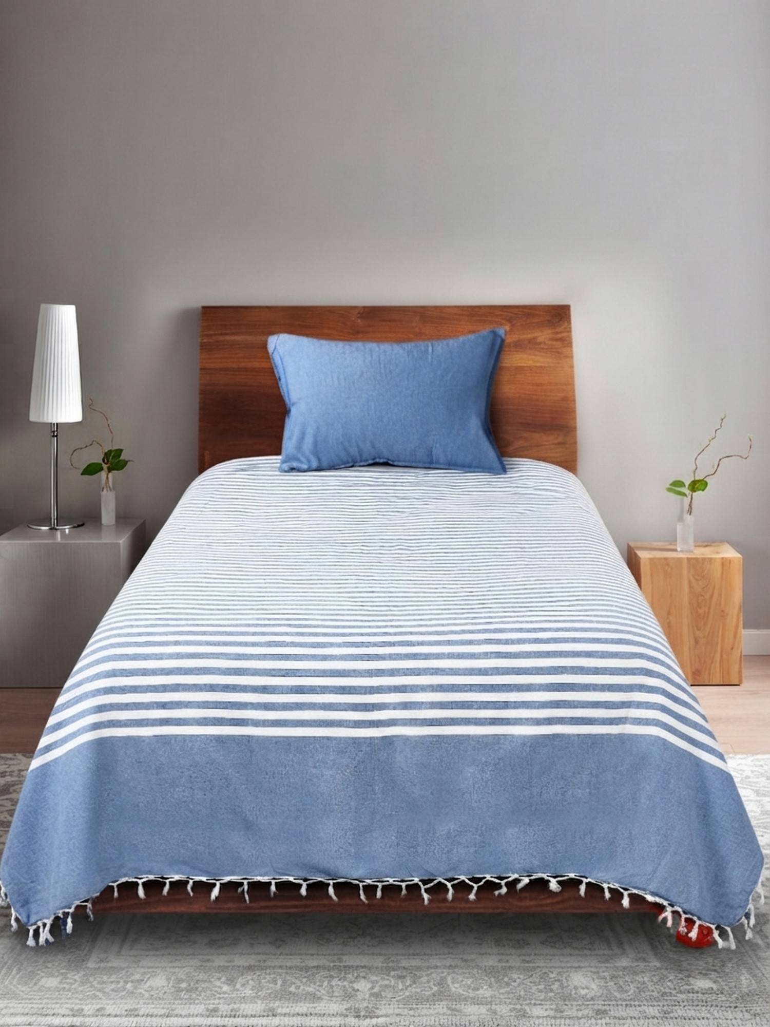 Saral Home Blue Cotton Even Stripe Single Bedsheet with Pillow Cover