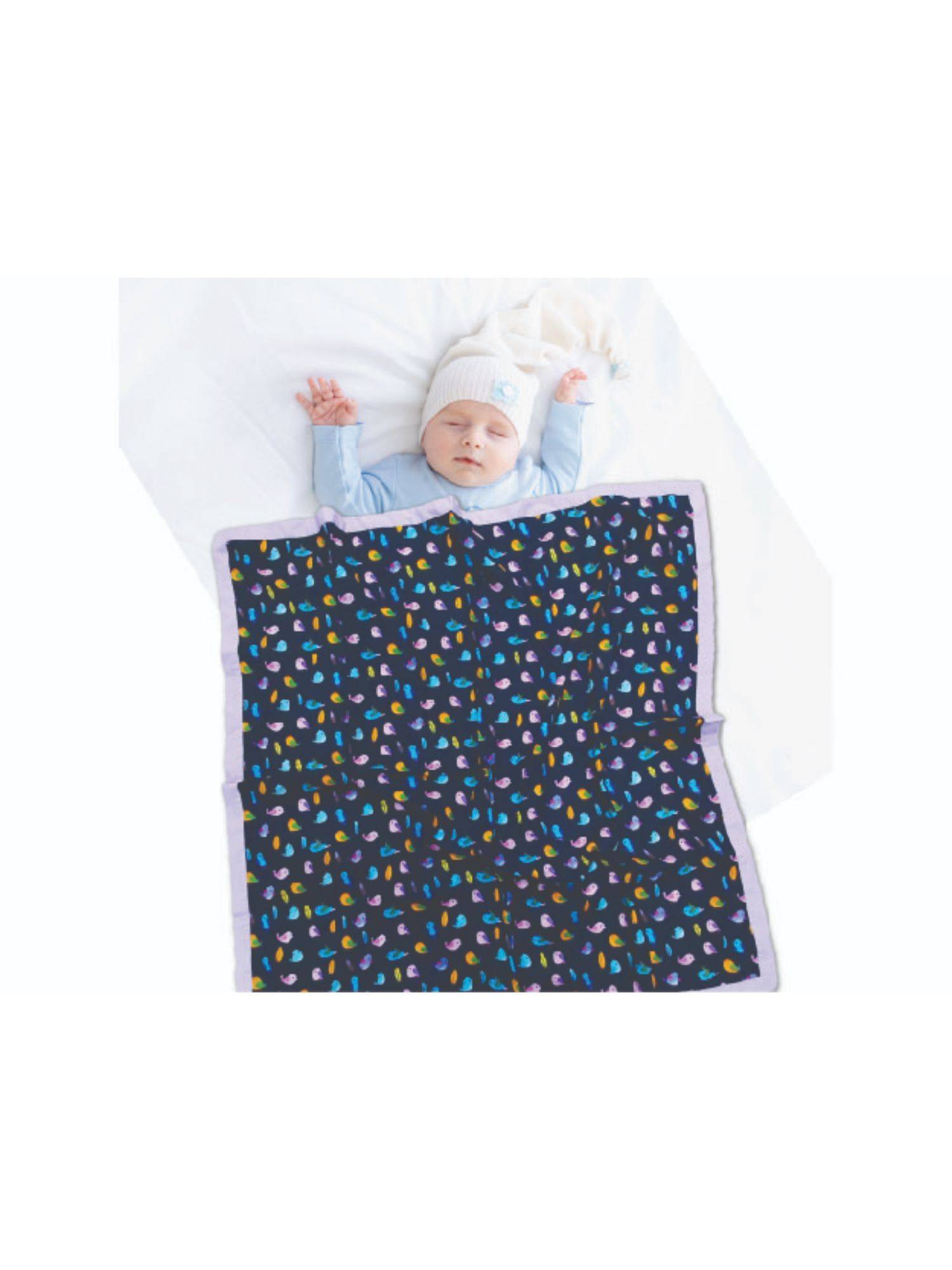 Polka Tots Navy Blue Birds Print Muslin Cotton Double Layered Supersoft Baby Kids Blanket