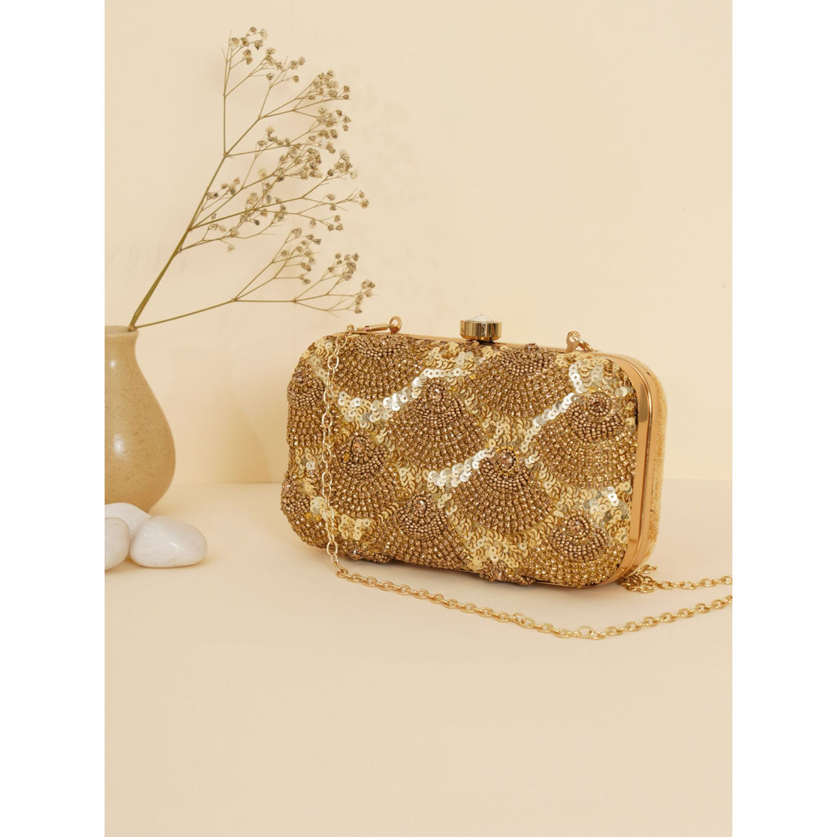 Fabbhue Women Gold Embellished Box Clutch