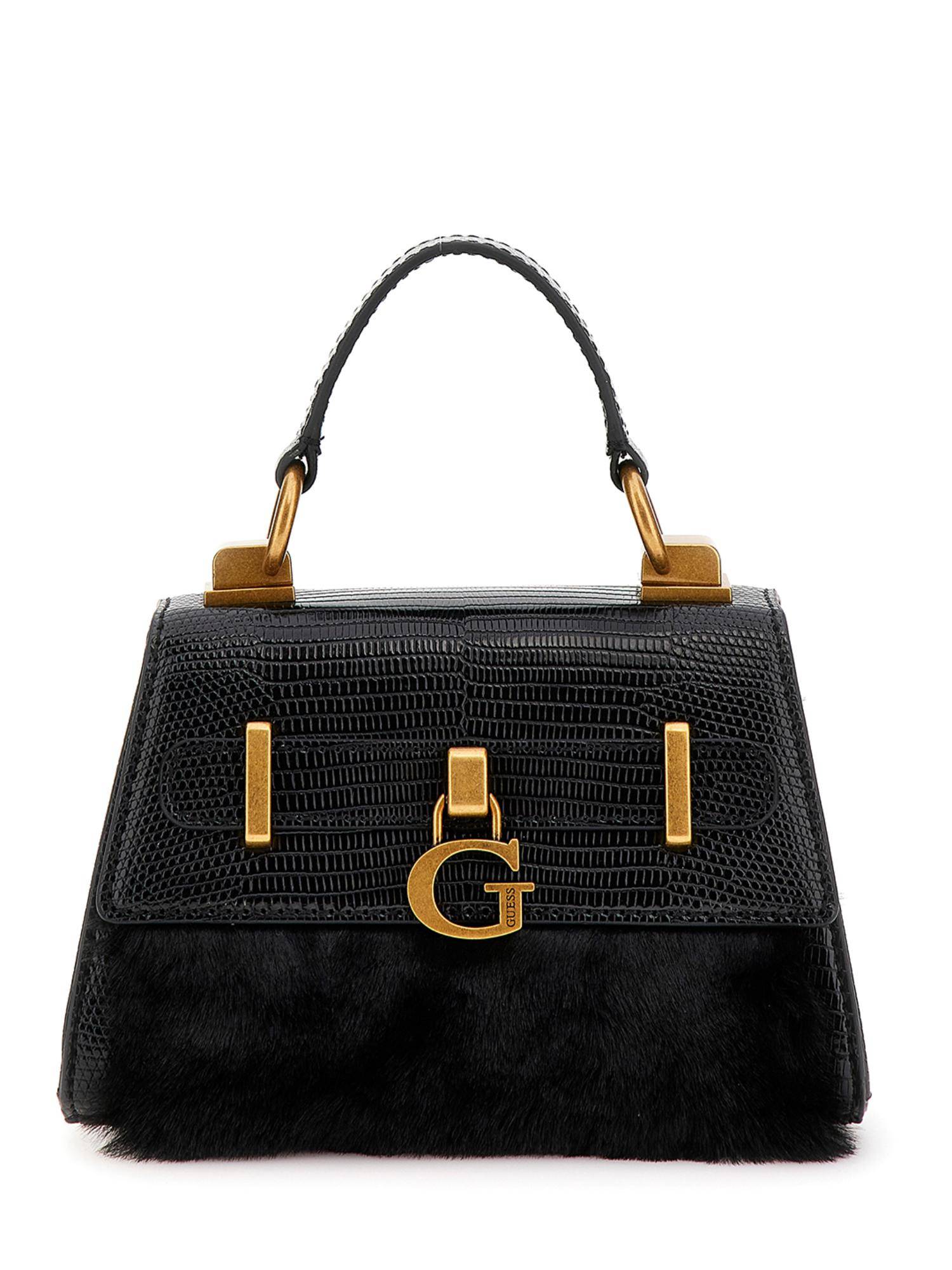 Guess Black Textured Bergen Micro Mini Satchel Bag with Detachable Strap