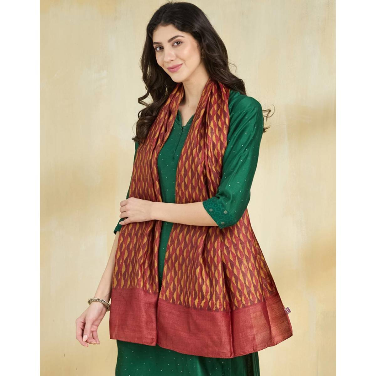 Fabindia Orange Silk Hand Block Printed Stole