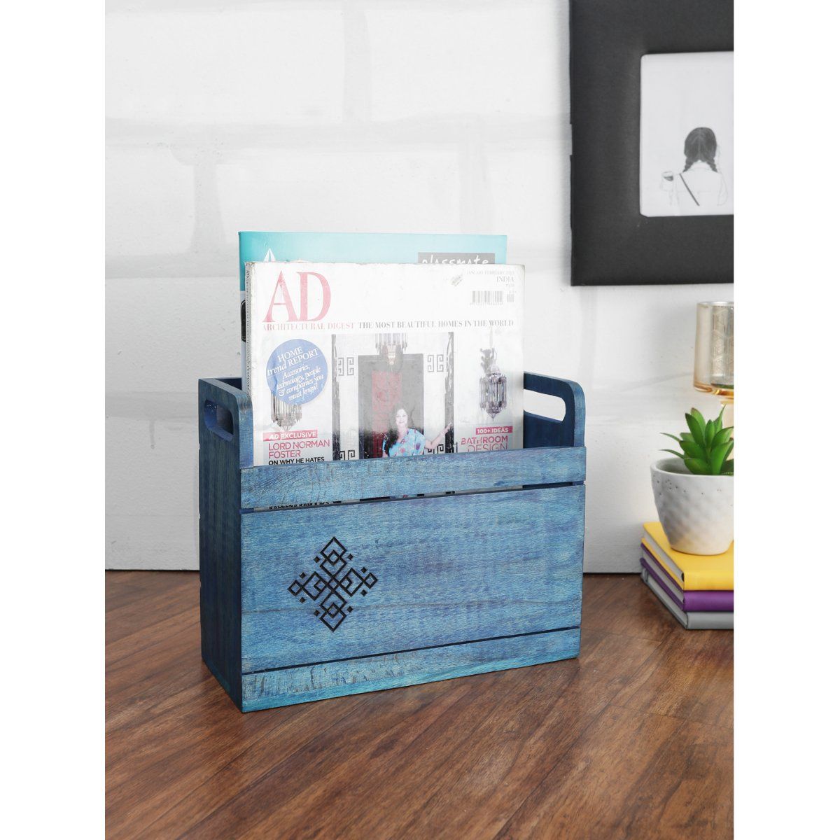 Buy VarEesha Distress Blue Beech Wood Magazine Holder Paper Holder Online