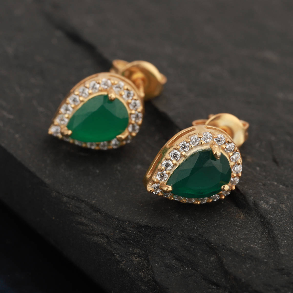 Carlton London Green Gold-Plated Teardrop Shaped Stone Studs