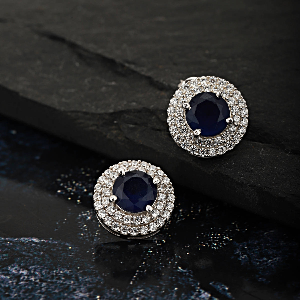 Carlton London Silver-Toned & Navy Blue Rhodium-Plated Stone Studded Circular Studs