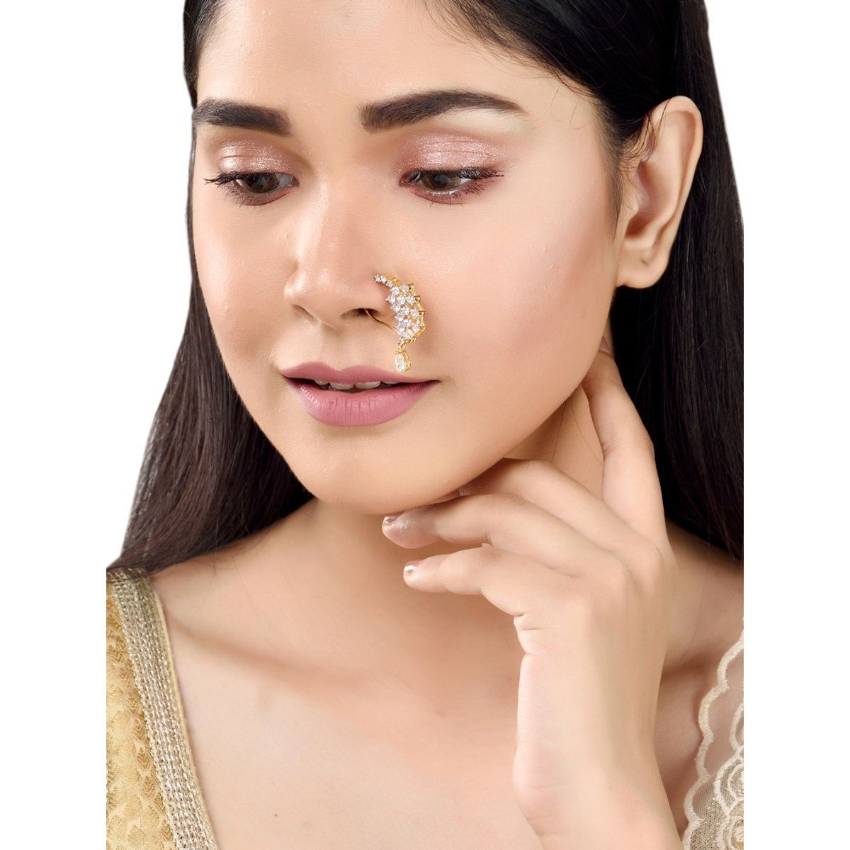 Buy Women's Gold Plated Kundan Nose Ring For Women Online at Trendia