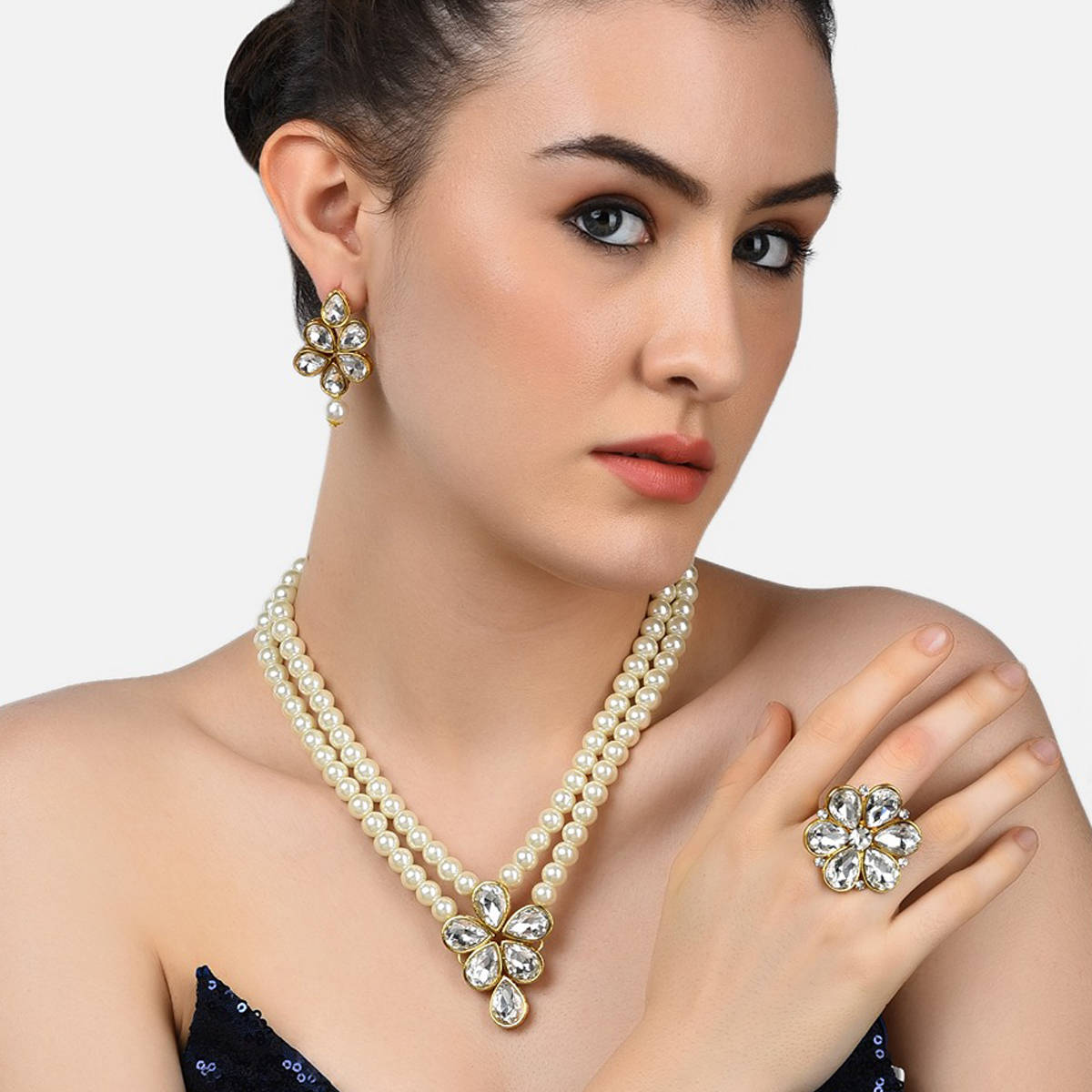 Zaveri Pearls Gold Tone Multistrand Pearls Ethnic Necklace Earring & Ring Set-ZPFK10723