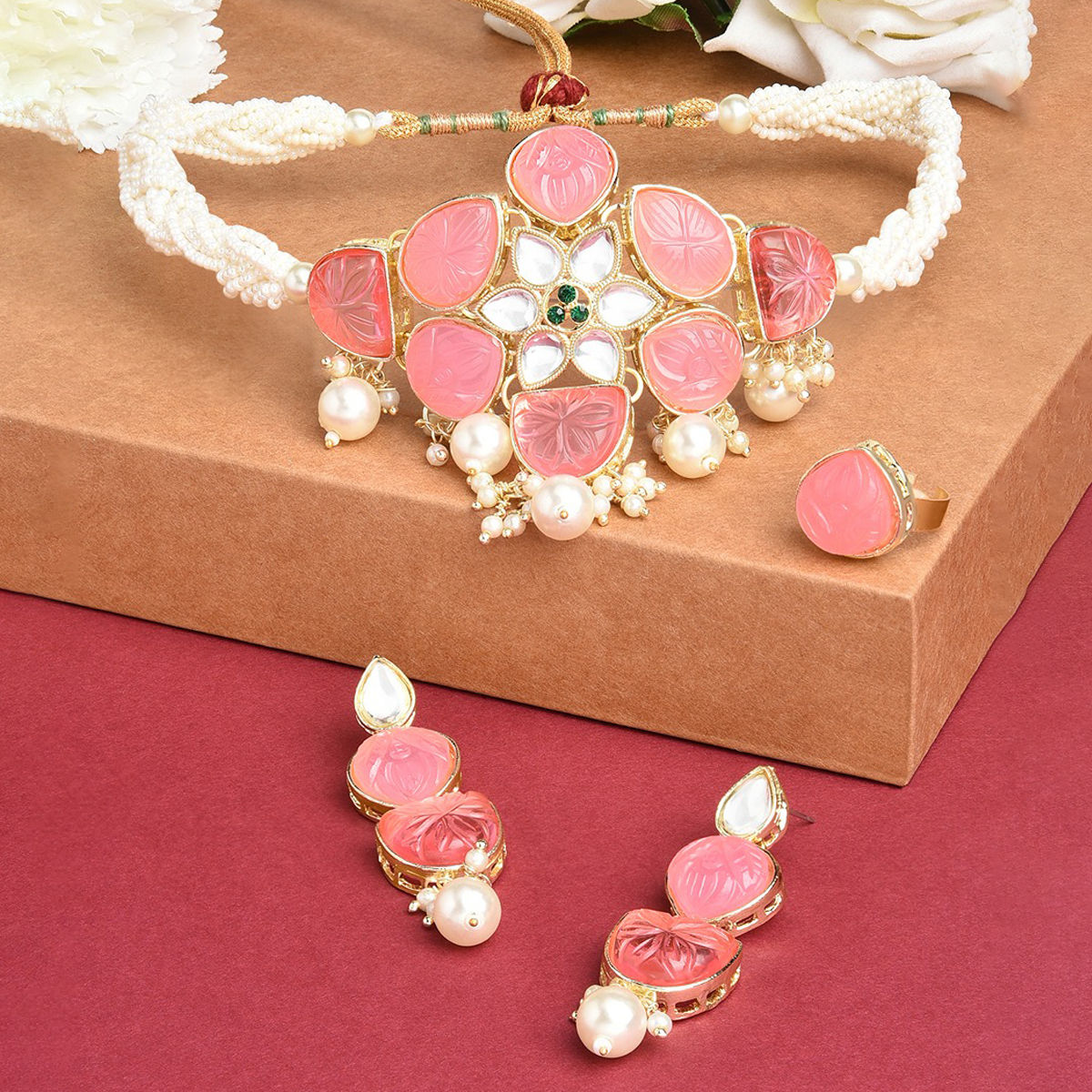 Buy Zaveri Pearls Pink Flower Stones Ethnic Pearl Choker Necklace