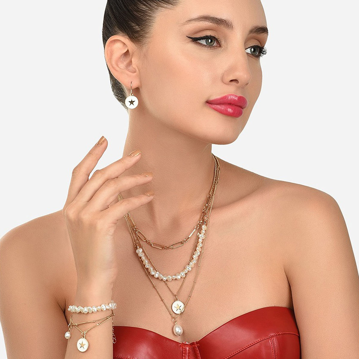 Buy Zaveri Pearls Gold Tone 3 Layers Contemporary Beaded Charm Chain Earring And Bracelet Set