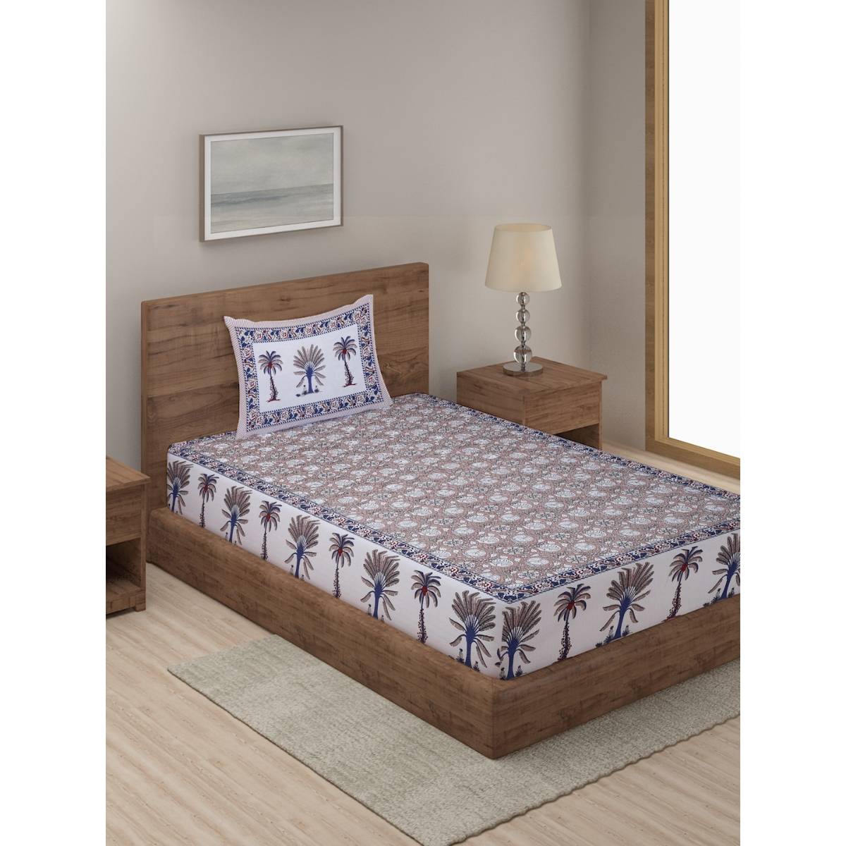 Rajasthan Decor Mulit-Color Ethnic Motif Print 144 TC Cotton Bed Sheet with 1 Pillow Cover (Single)