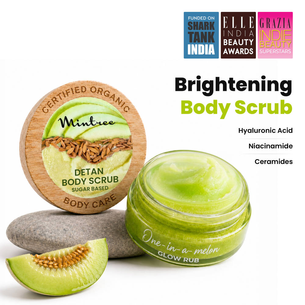 Mintree Certified Organic & Vegan, Unisex Melon Exfoliating Sugar Scrub for Tan Removal & Soft-Smooth-Glowing Skin, Brightens Skin & Reduces Ingrown Hair