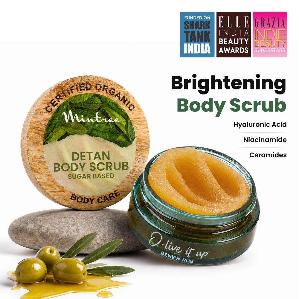 Mintree Certified Organic & Vegan, Unisex Olive Exfoliating Sugar Scrub for Tan Removal & Soft-Smooth-Glowing Skin, Brightens Skin & Reduces Ingrown Hair