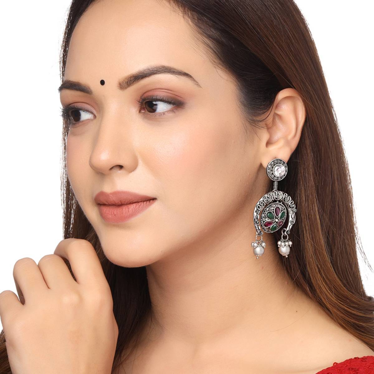 Yellow Chimes Silver Oxidised Stone Studded Semi Round Drop Designed Earrings