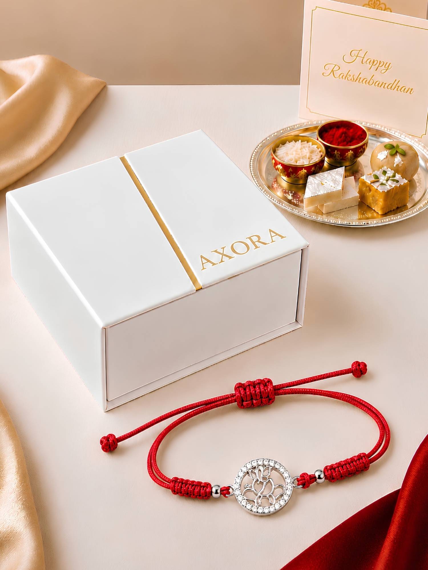 Axora Life 925 Sterling Silver Lord Ganesha Braided Rakhi with Roli Chawal