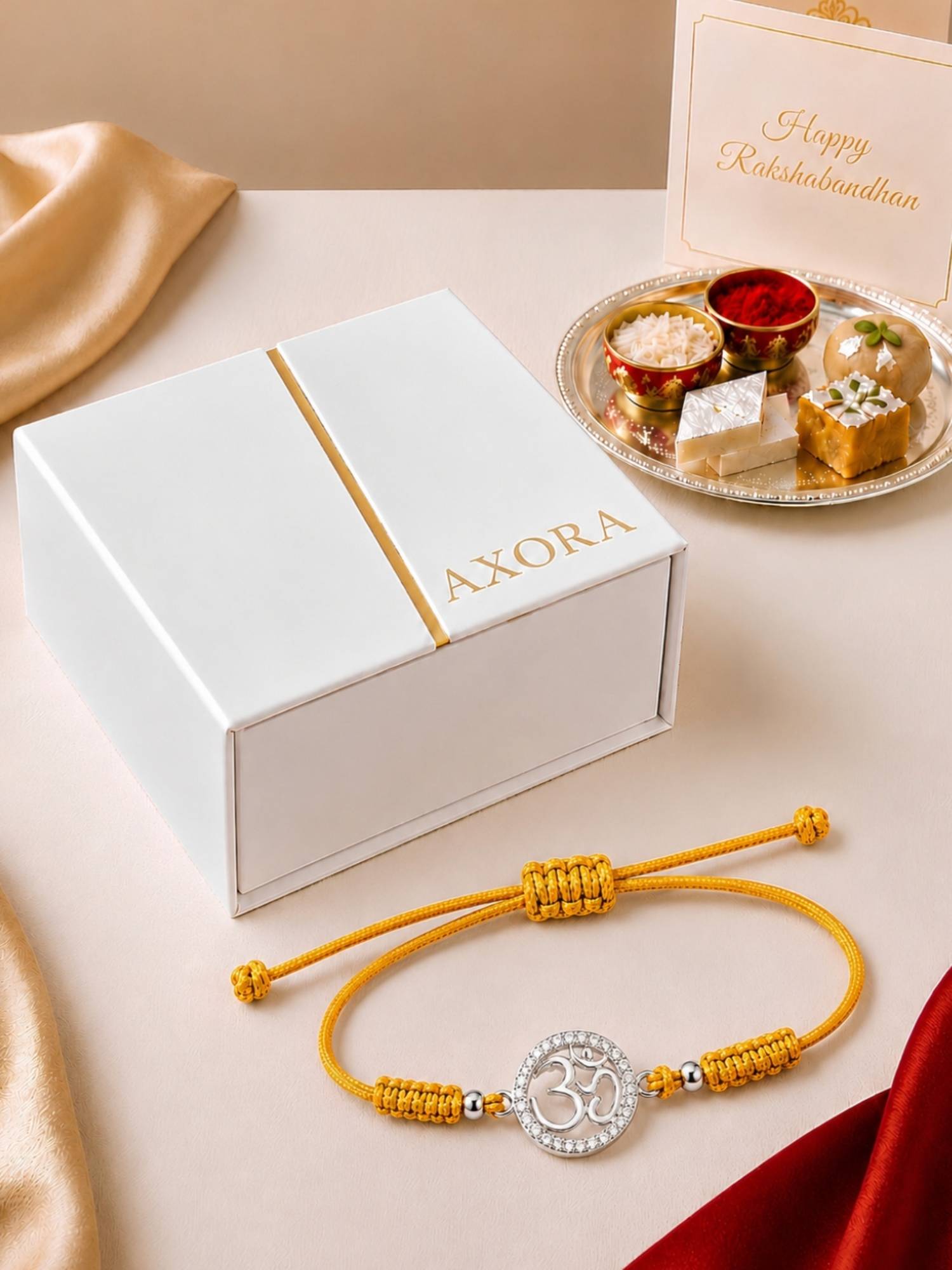 Axora Life 925 Sterling Silver Om Braided Rakhi with Roli Chawal