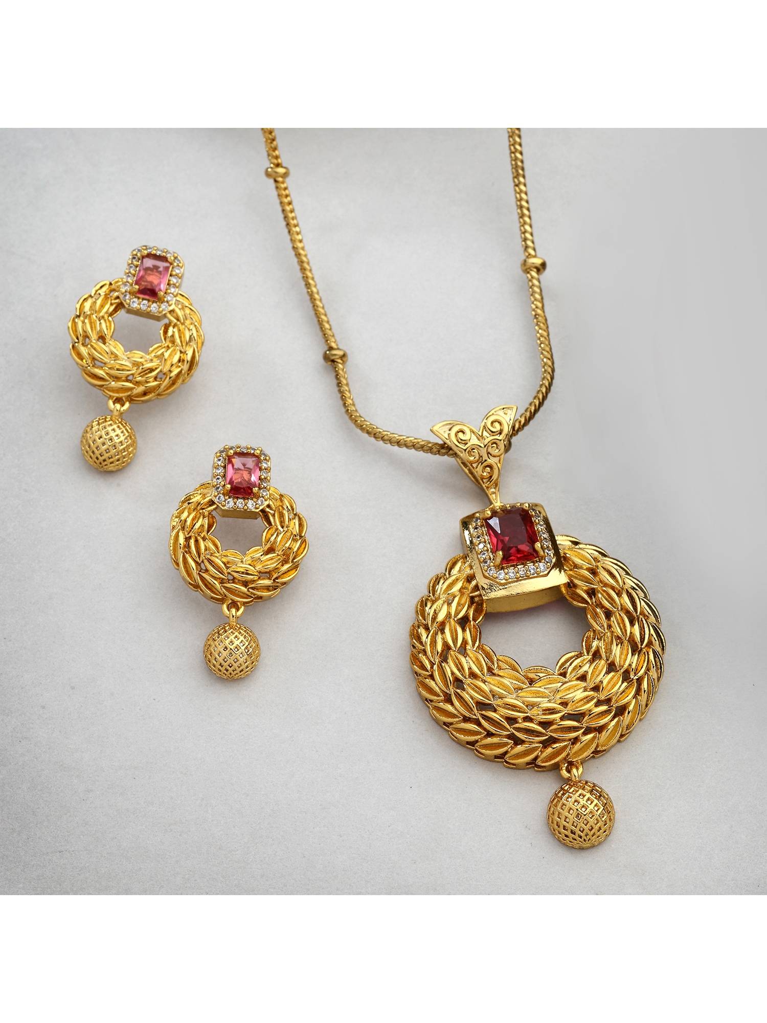 Buy ZENEME Gold-Plated Ruby Red Brass Floral Necklace Set Online