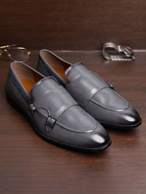 Louis Stitch Mens Leatherette Slip On Formal Monk Straps Shoes Grey