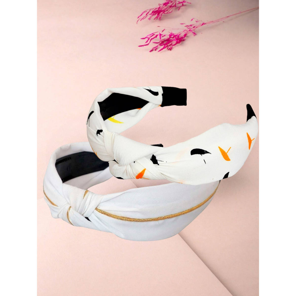 OOMPH Pack Of 2 White and Gold Satin Silk Print Knotted Hair Band