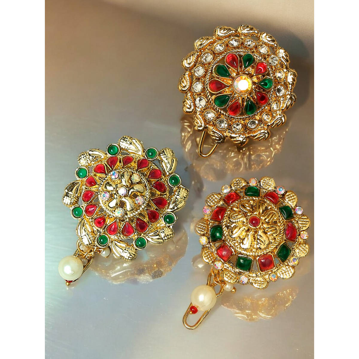 OOMPH Pack Of 3 Red Maroon and Green Stones Hair Bun Pins Floral Design with Pearls