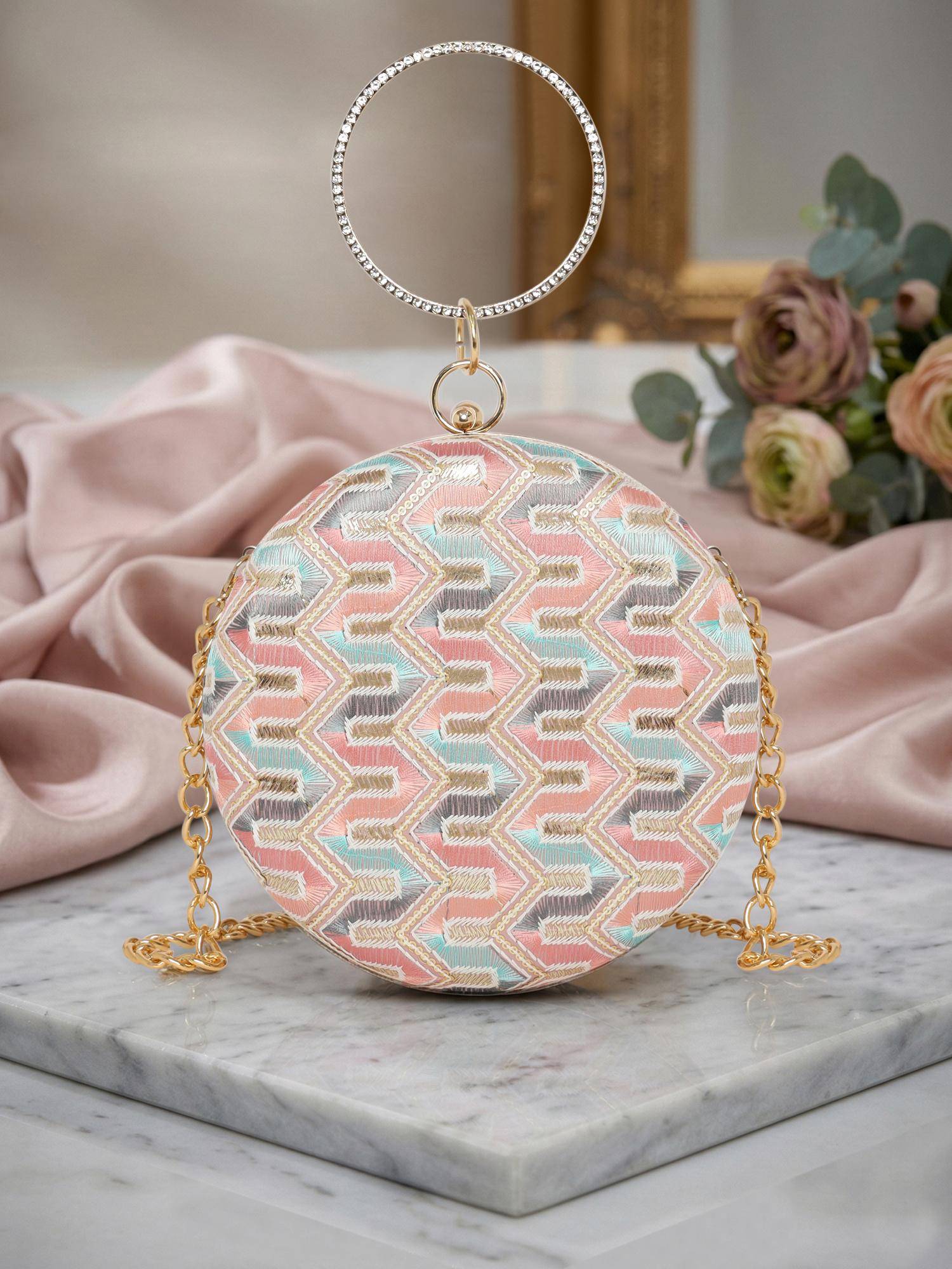 ESBEDA Pink Color Aveline Chevron Halo Clutch with Detachable Chain (Small)