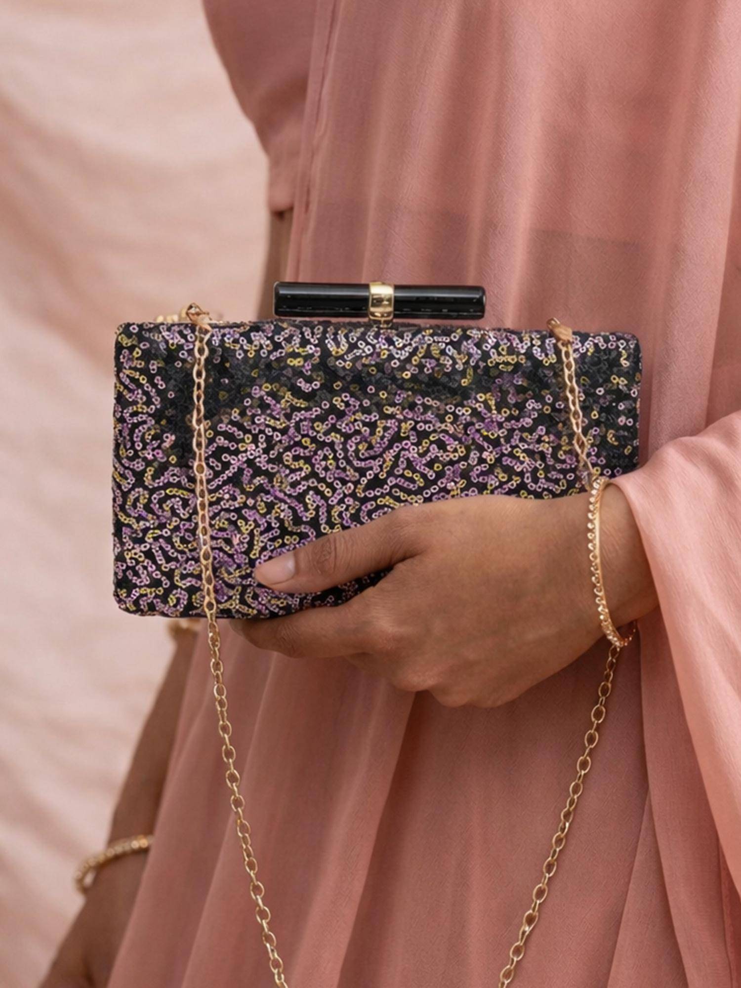 ARTKLIM Purple Designer Sequenced Clutch with Detachable Chain
