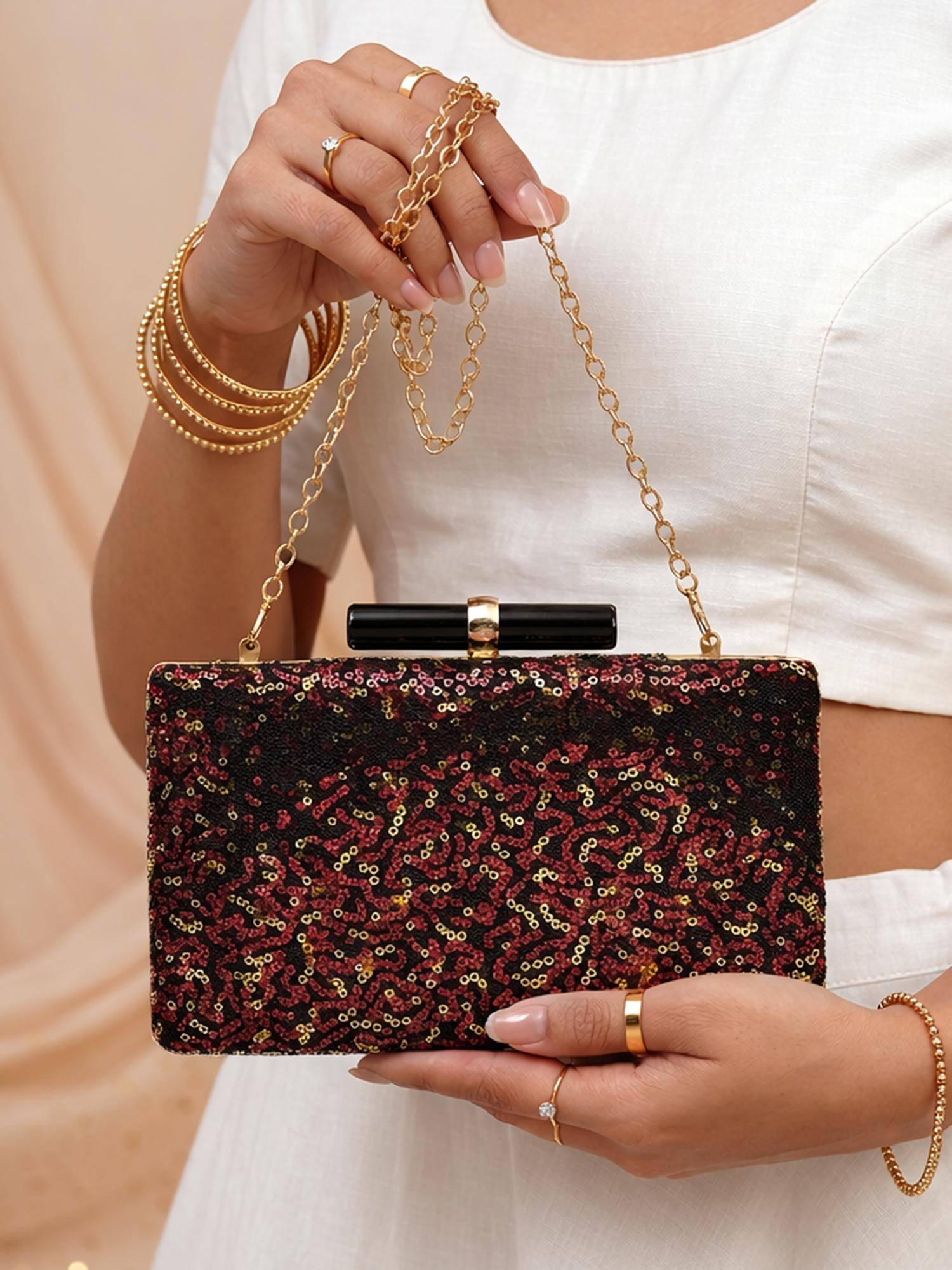 ARTKLIM Red Designer Sequenced Clutch with Detachable Chain