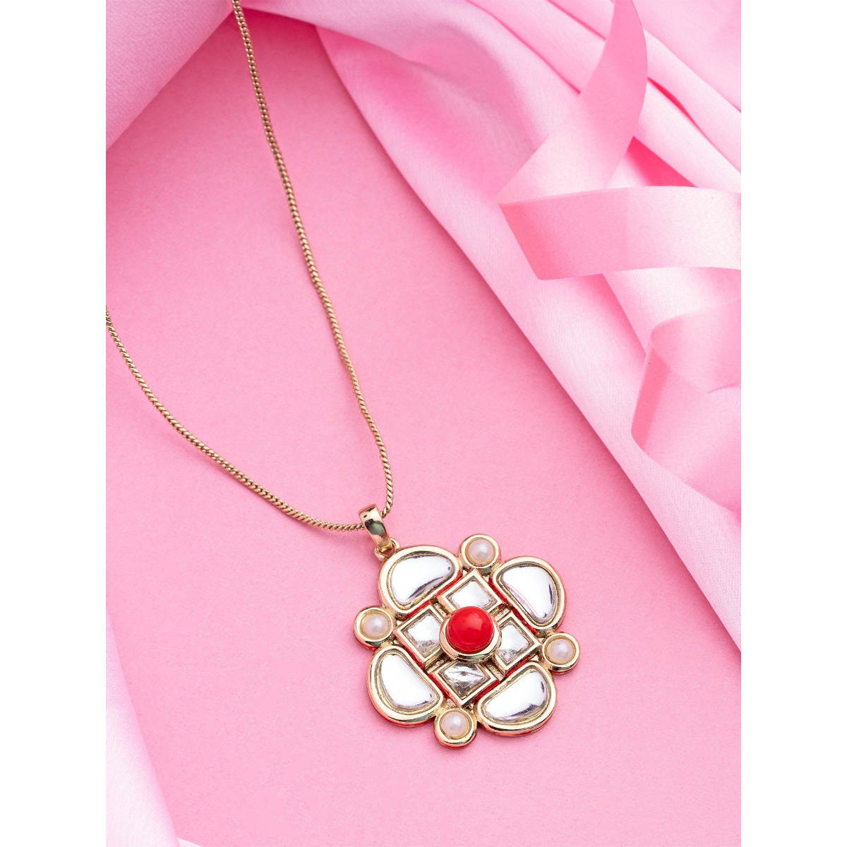Estele Gold Plated Flower Designer Kundan Pendant for Women
