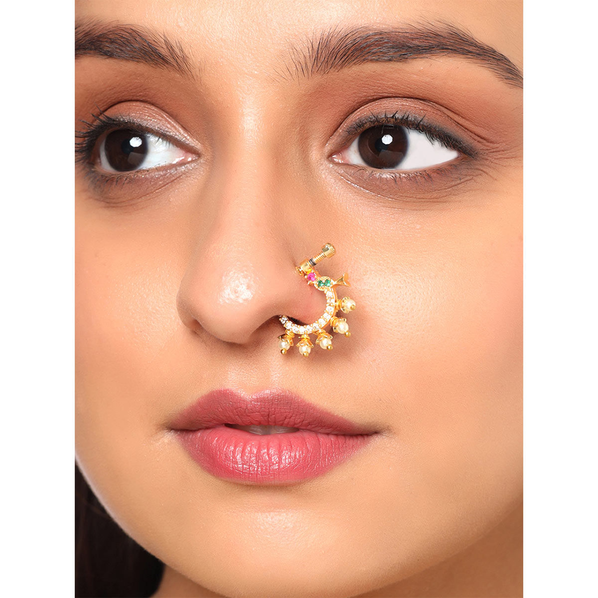 N13675M Multi Color Peacock Design Screw Lock Gold Plated Non Piercing Nose  Ring | JewelSmart.in