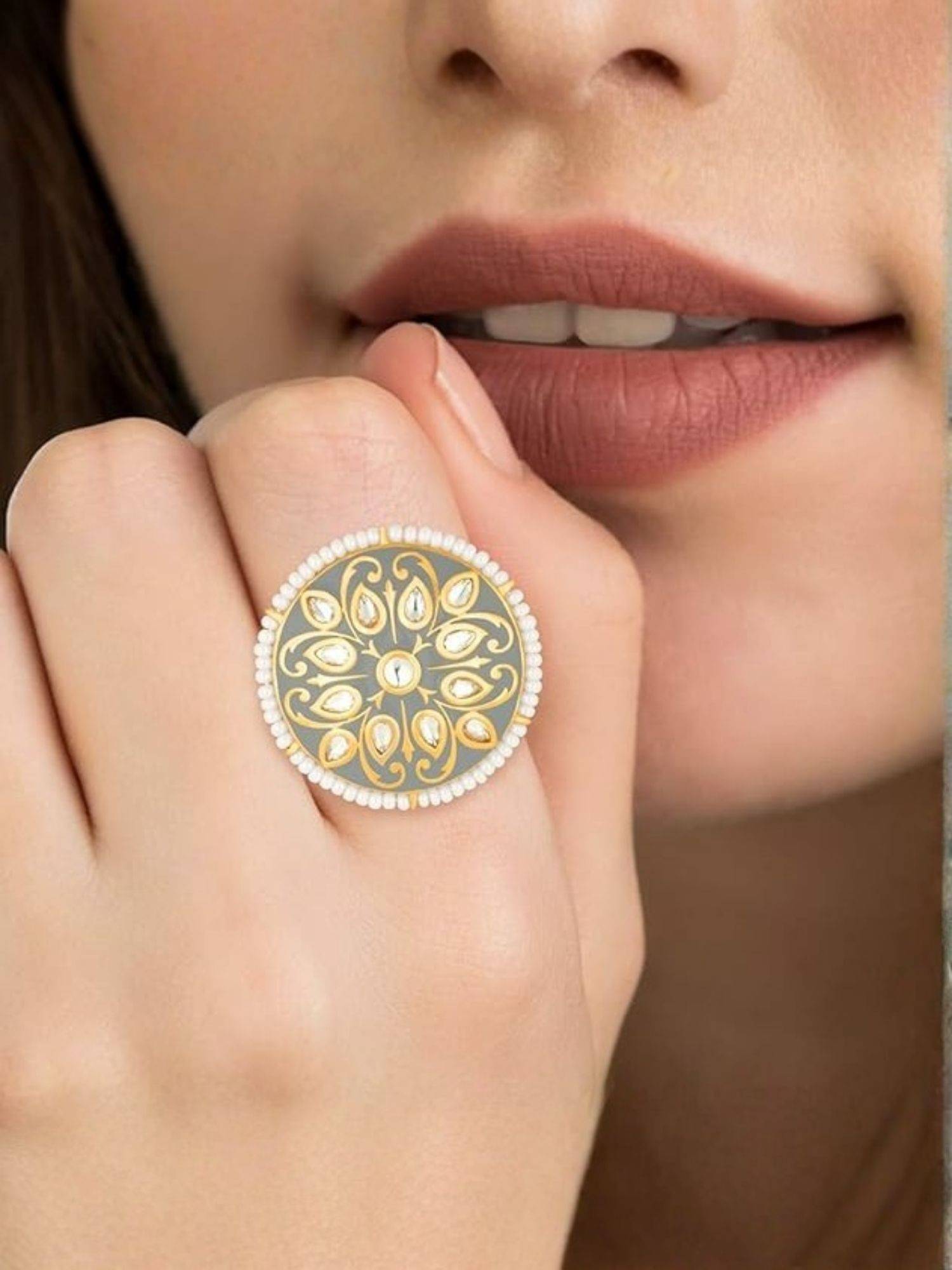 I Jewels Women White Stone Meenakari Gold Plated Adjustable Ring