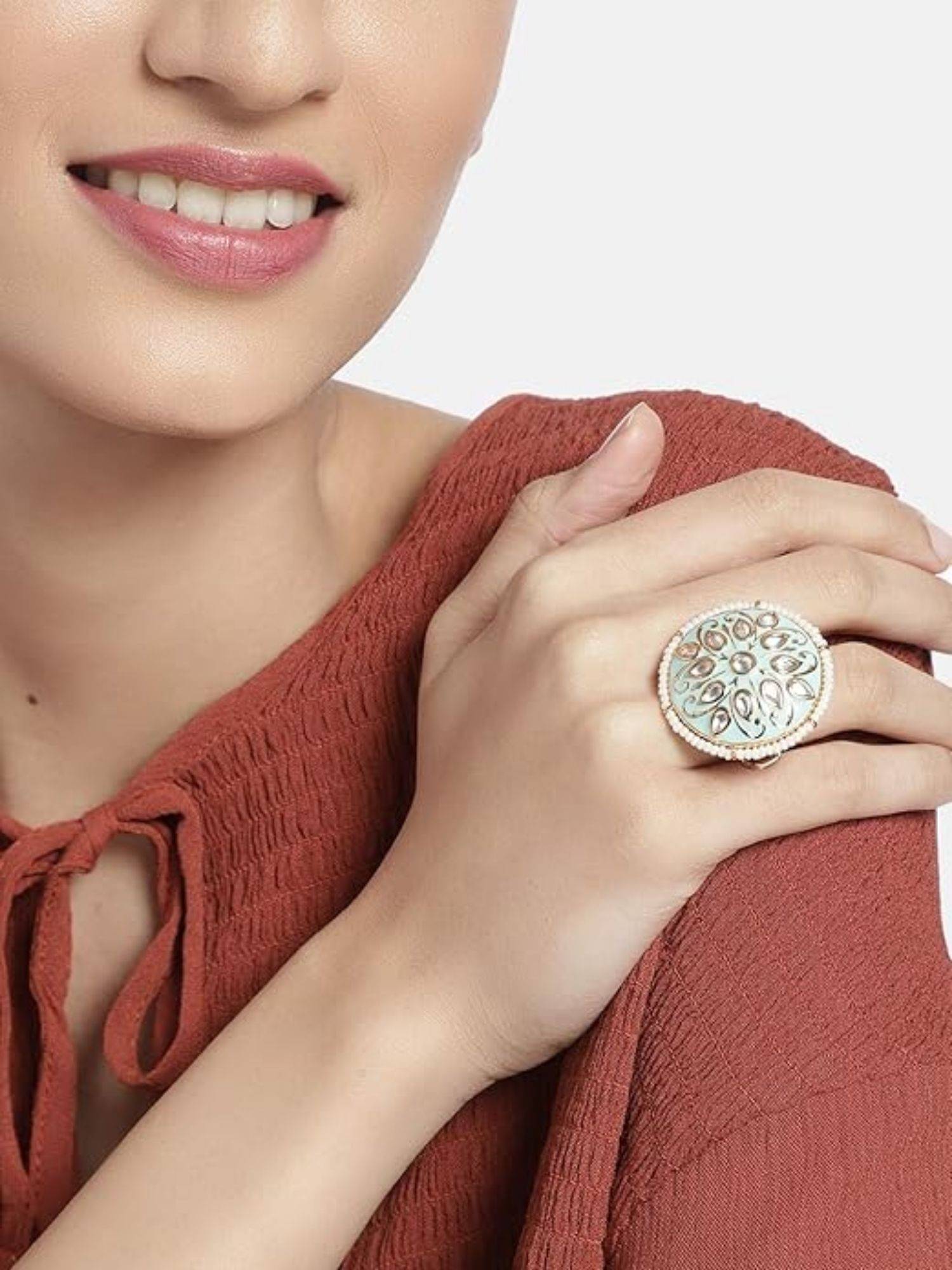 I Jewels White Stone and Mint Green Gold Plated Meenakari Studded Adjustable Ring