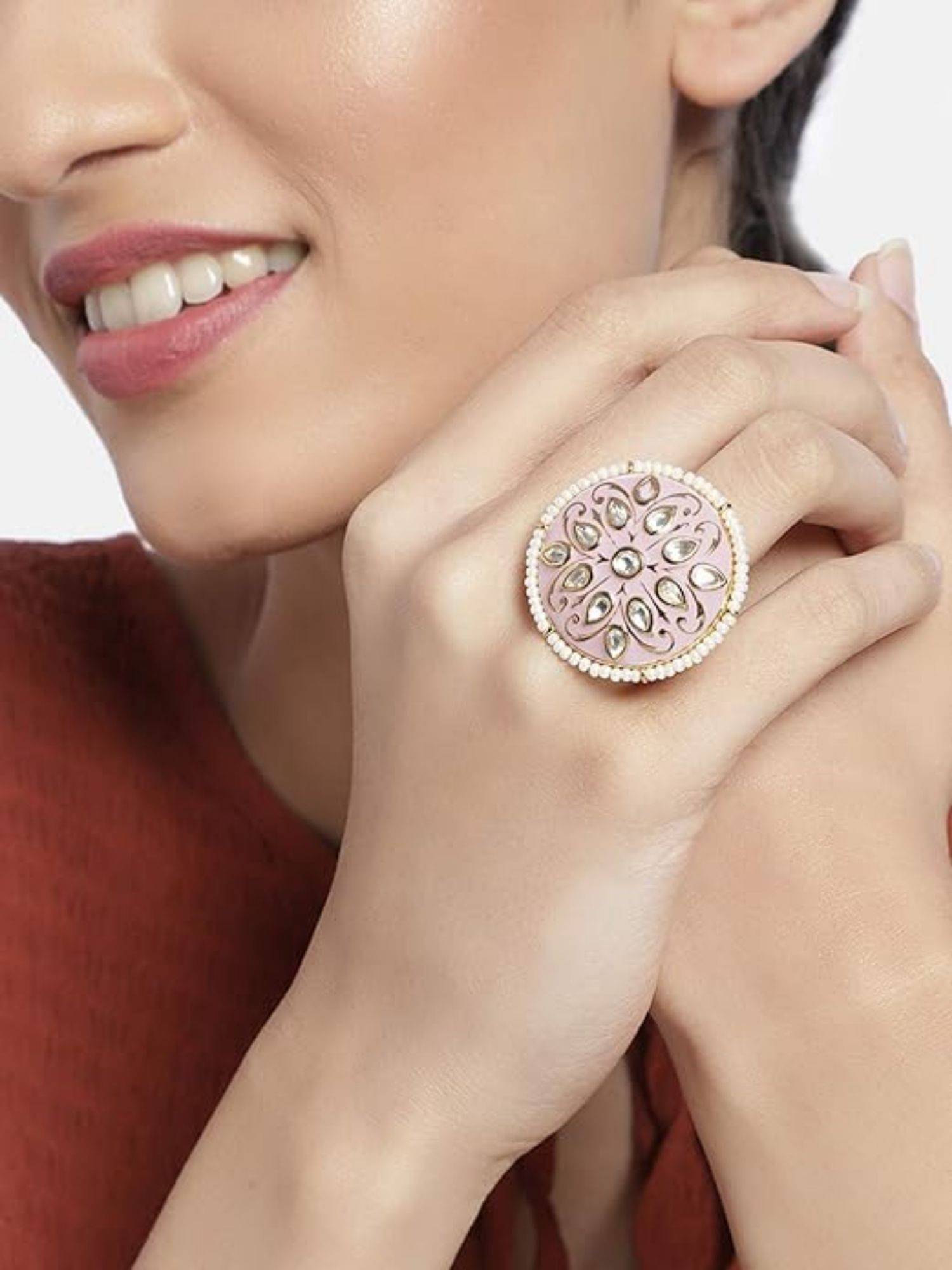 I Jewels White Stone and Pink Gold Plated Meenakari Studded Adjustable Ring