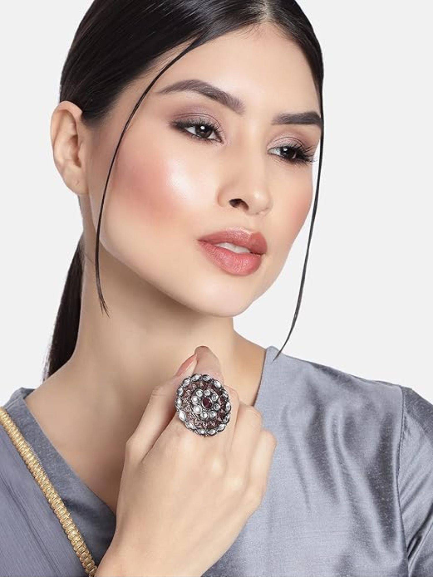I Jewels Maroon Rhodium Plated Oxidised Kundan Ring