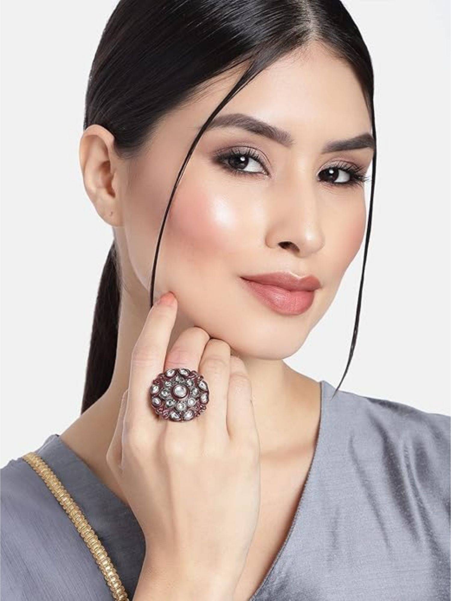 I Jewels White Stone Maroon Rhodium Plated Oxidised Kundan Ring