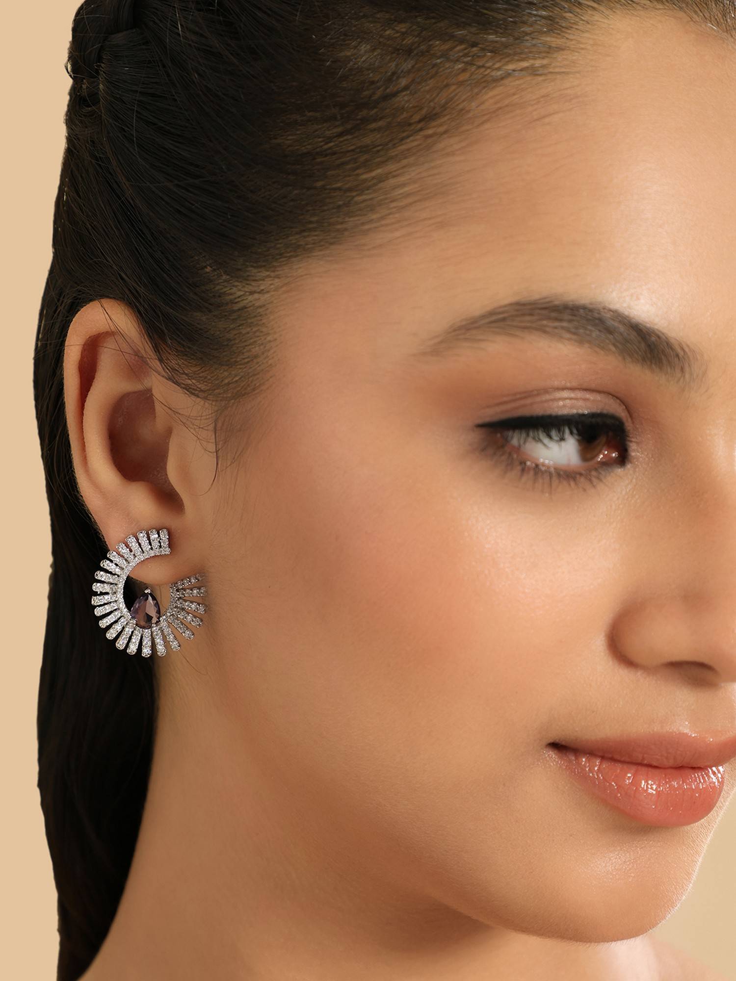 Nuyug Rhodium Plated Black Stone Celestial Amethyst Spark Stud Earrings