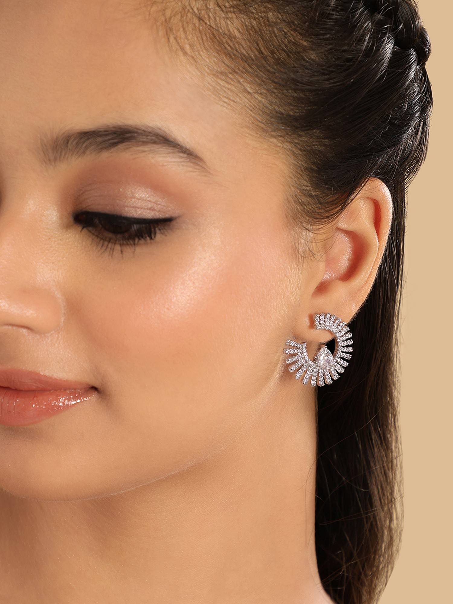 Nuyug Rhodium Plated White Stone Celestial Spark Stud Earrings