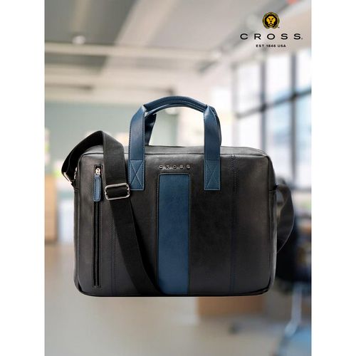 Cross Black Navy Blue Vegan Leather Laptop Briefcase Bag For Men And Women