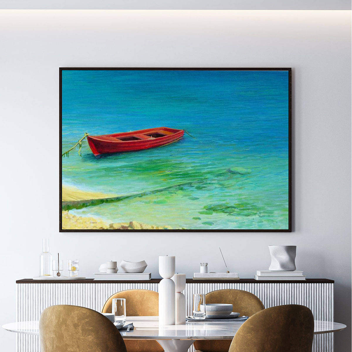 ARTCREST Fishing Boat In Island Large Painting Black Box Framed Wall Art