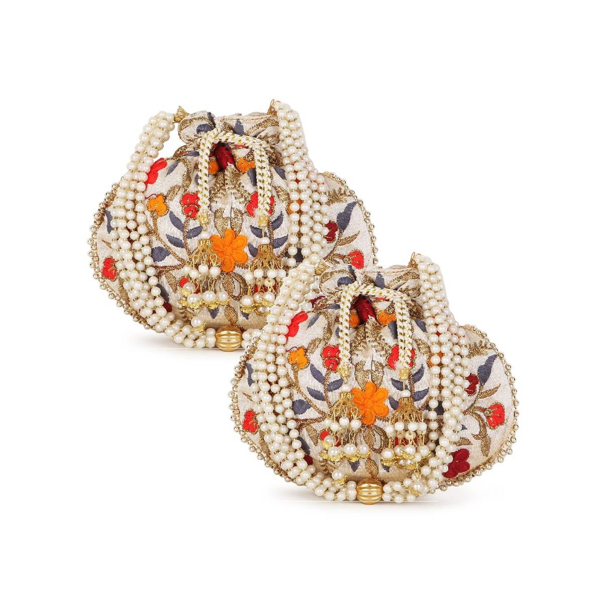 Anekaant Dangle Cream & Multi-Color Floral Embroidered Faux Silk Potlis Combo (Pack Of 2)