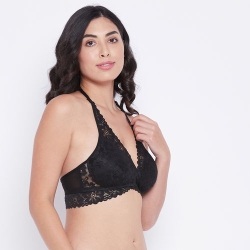 Buy Clovia Padded Non-Wired Full Cup Halter Neck Bralette in Black - Lace  Online