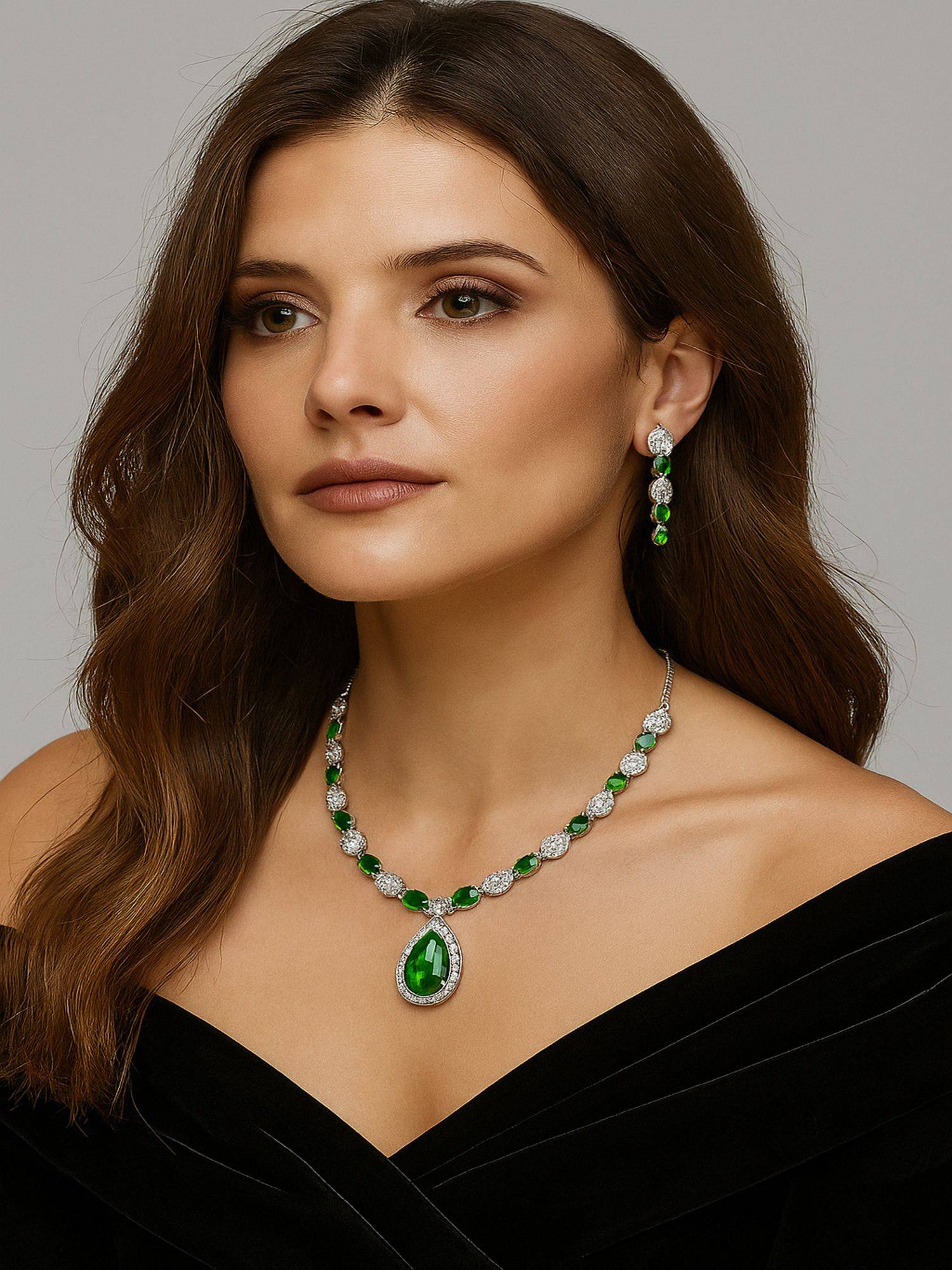 Jewelz Green Brass Silver Plated Necklace with Pair Of Earring