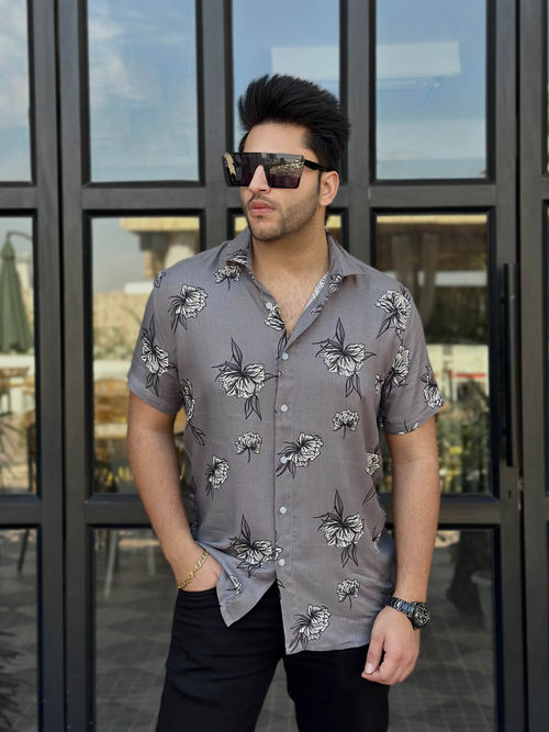 GRITSTONES Men Dark Grey Half Sleeve Floral Shirt